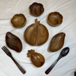 Vintage‎ Lot Of 9 MCM Monkey Pod Wood Serving Trays Bowls Sooon Fork
